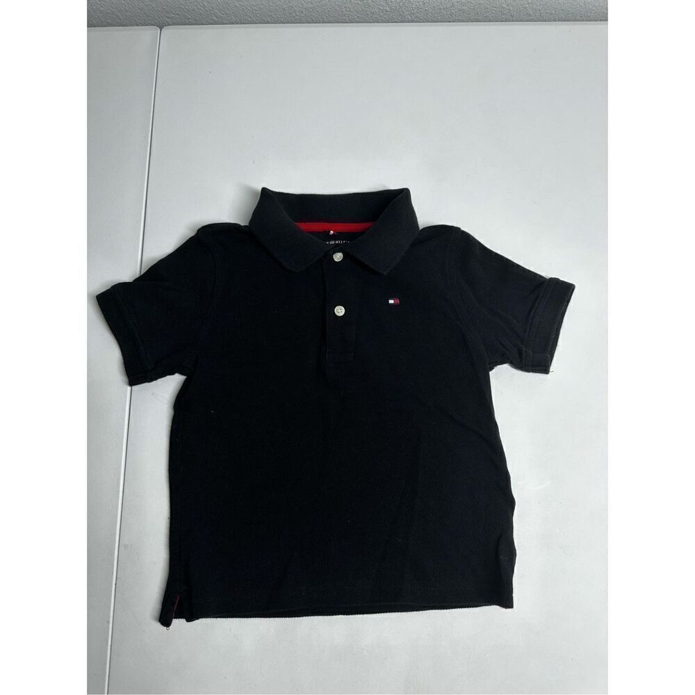 Tommy Hilfiger Boys Black Flag Polo Shirt Size 4 Short Sleeves